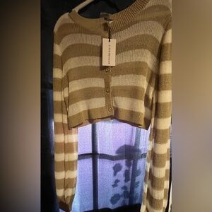 WeWoreWhat Tan and Cream Button-Up Sweater